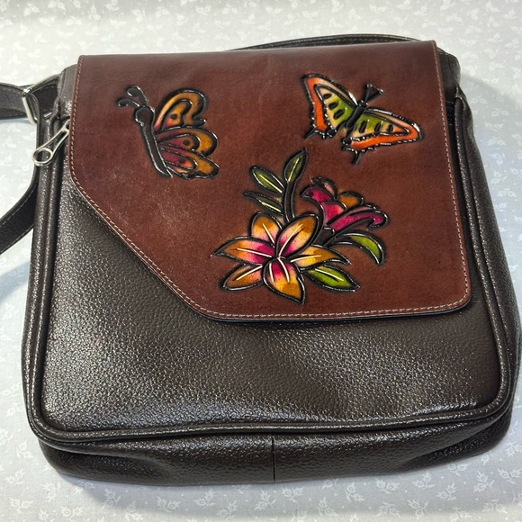 Leather CrossBody Hand Tooled and Painted with Butterflies and Flowers NWOT - Picture 4 of 12